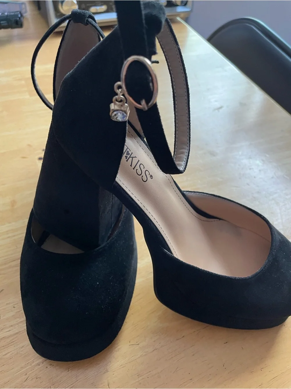 Wet Kiss Black F Suede Ankle-Strap Mary Jane’s